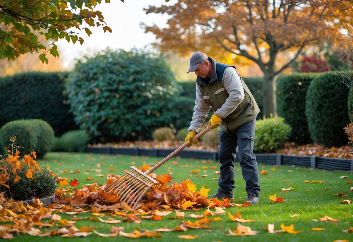 A gardener raking and gathering fallen autumn leaves in a garden with colorful trees and shrubs in the background.