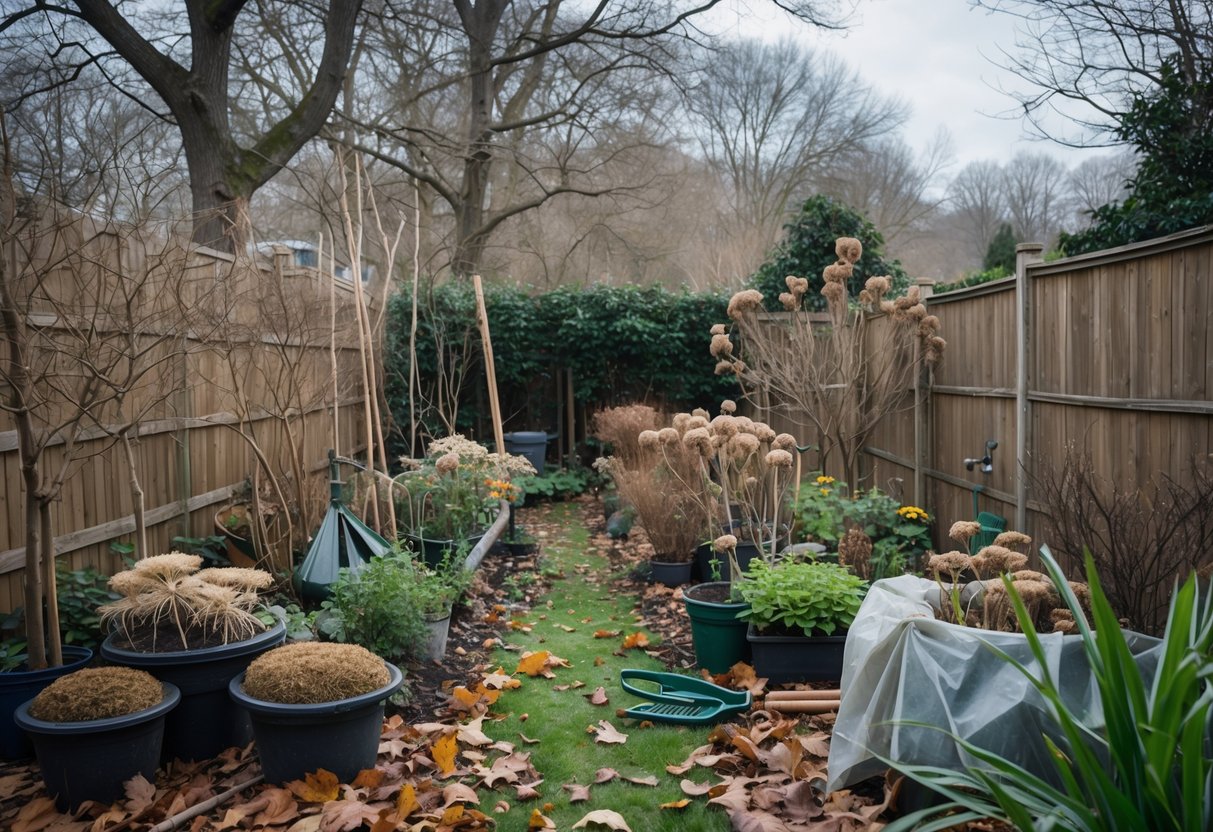 A backyard garden in late autumn with dried plants, fallen leaves, garden tools, and protective coverings indicating winter preparation.