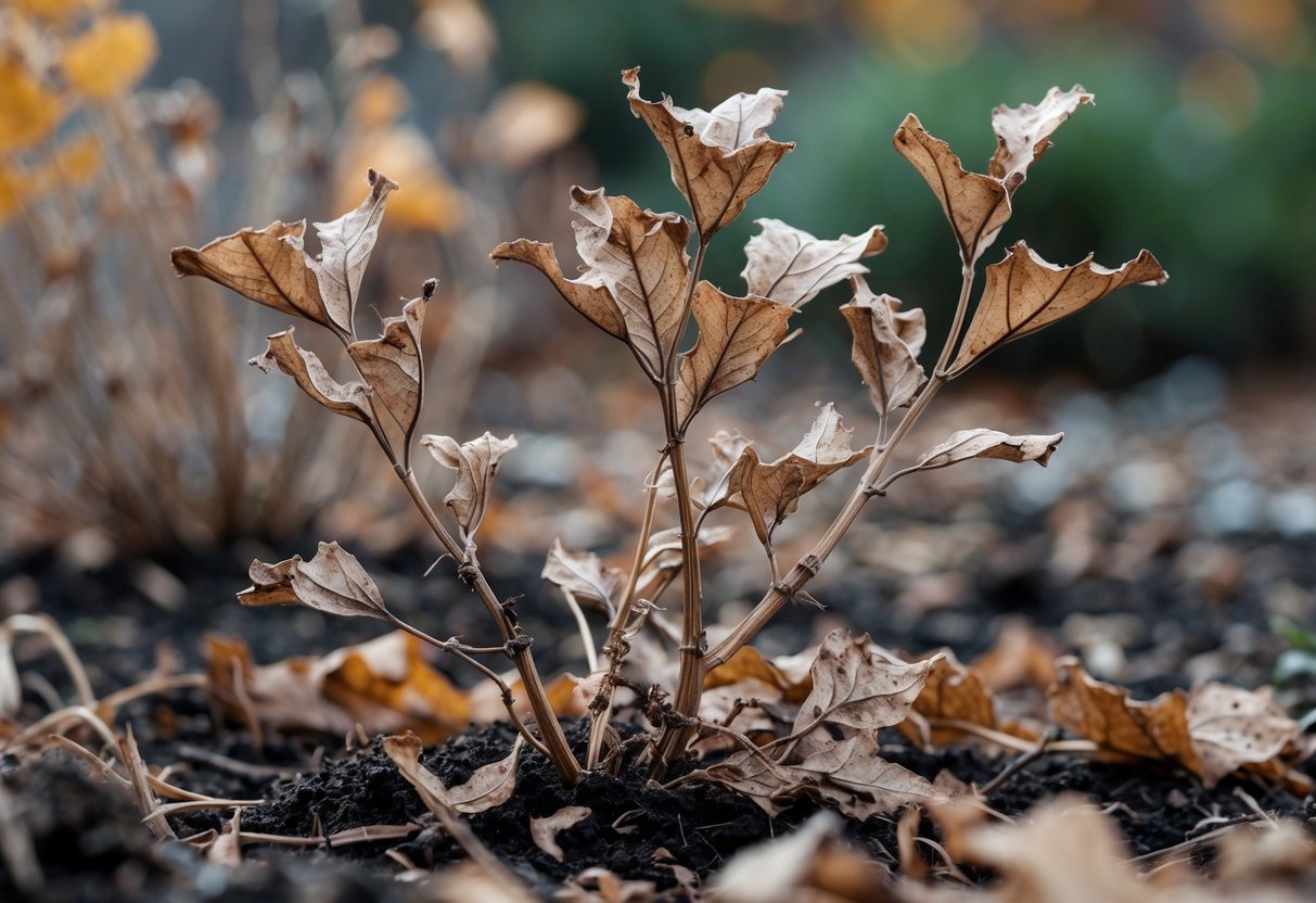 Close-up of brown and dry leaves and stems of annual garden plants ready for winter.