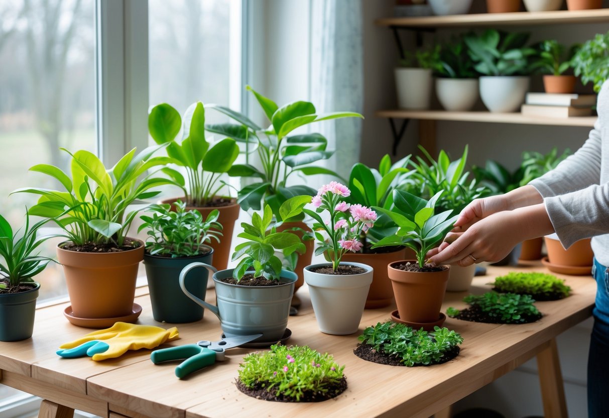 Hands caring for healthy potted plants arranged on a table near a window with gardening tools nearby.