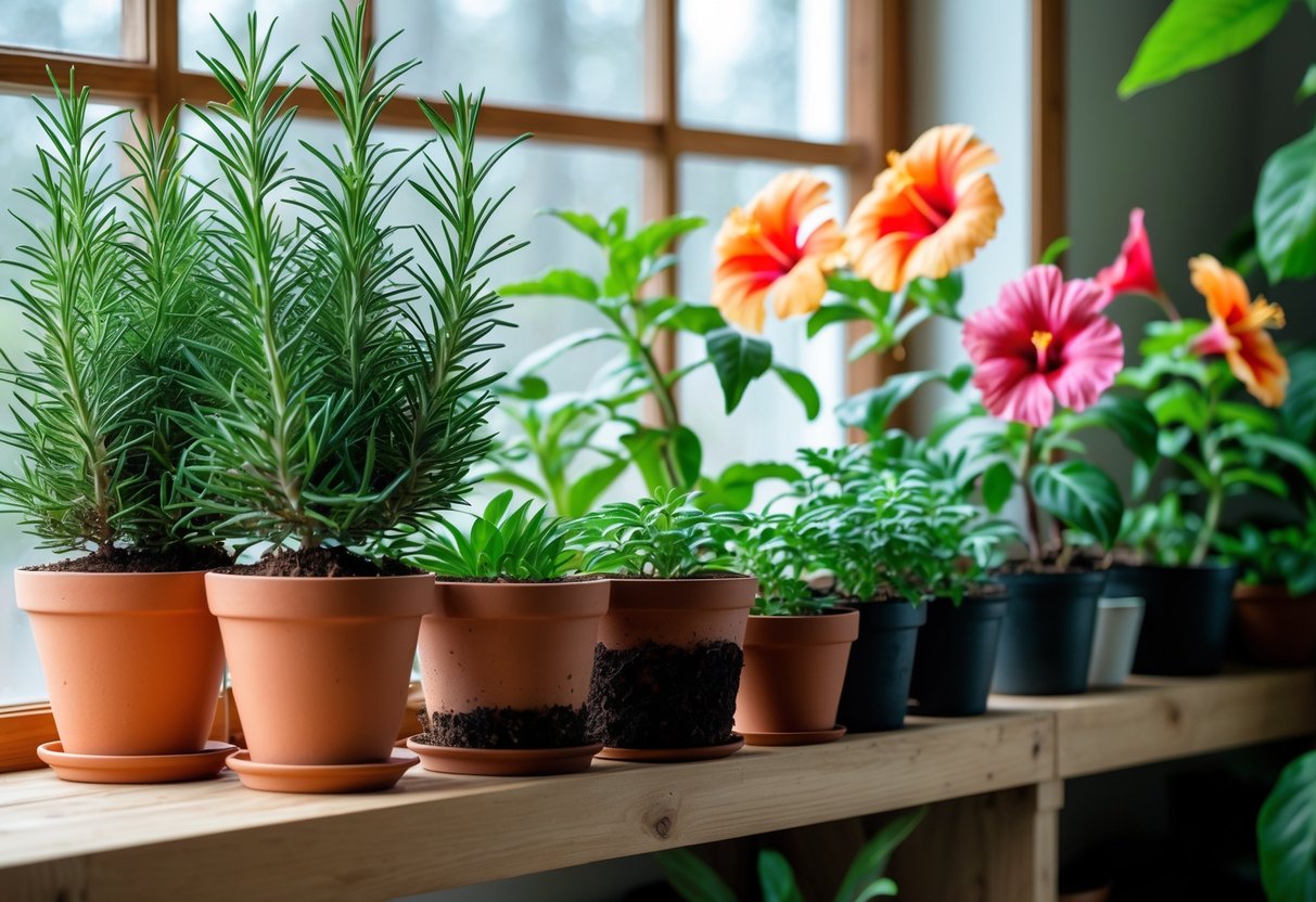 Potted rosemary and hibiscus plants arranged indoors near a window for overwintering.
