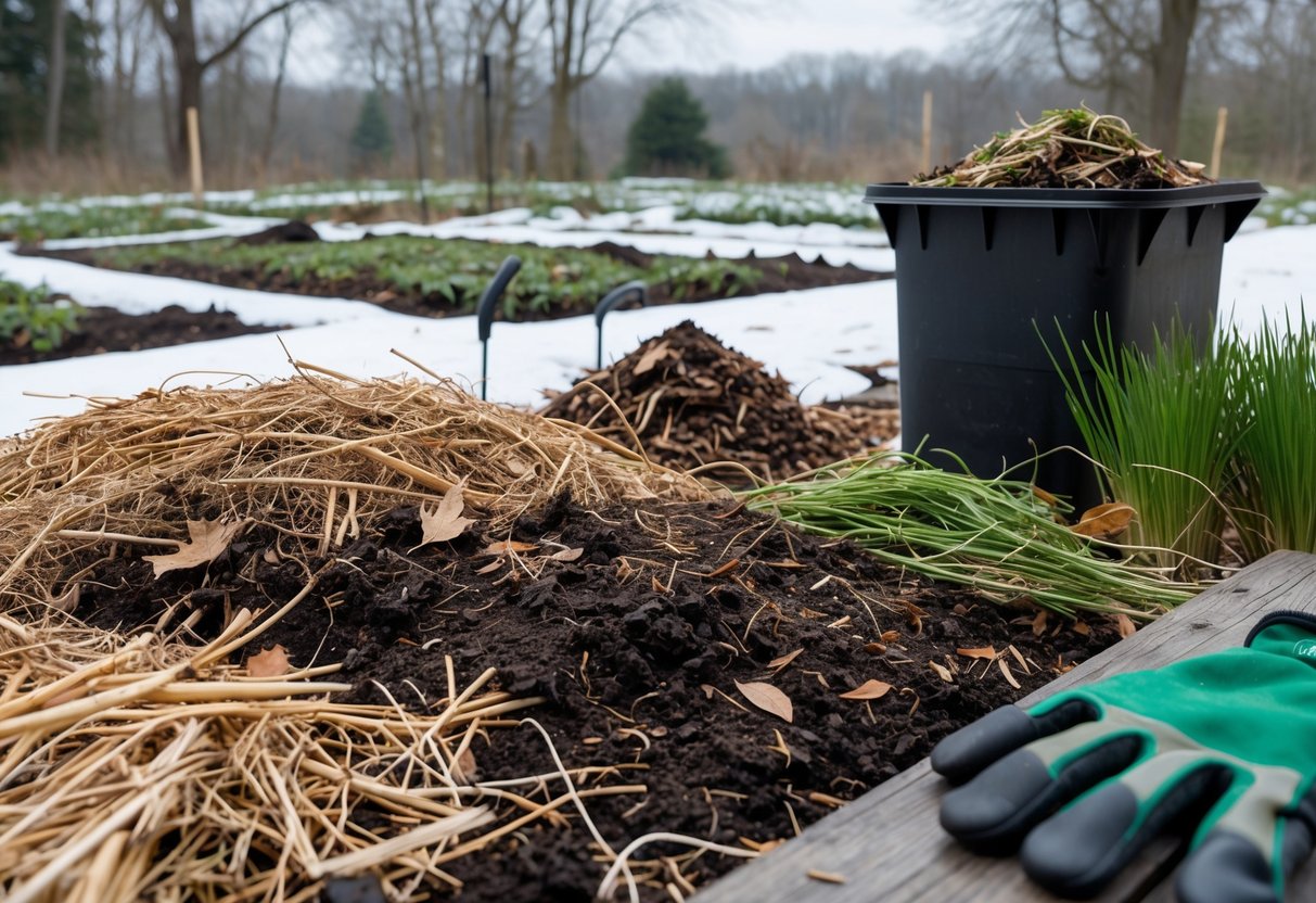 A winter garden scene showing soil covered with straw mulch, fallen leaves, a compost bin, winter cover crops, and gardening tools resting nearby.