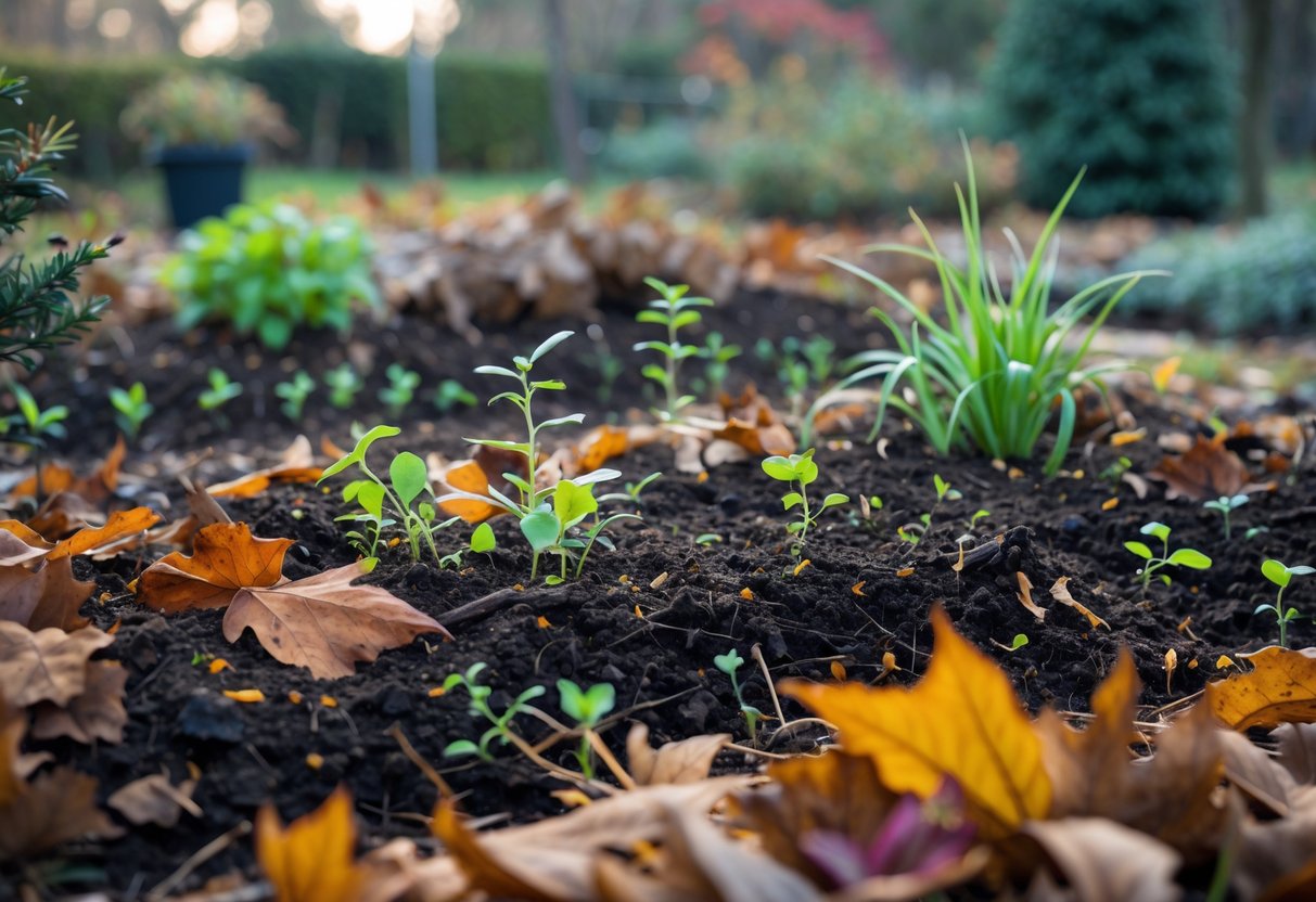 A garden bed covered with fallen leaves and plant debris serving as natural mulch, with small green shoots emerging from the soil.