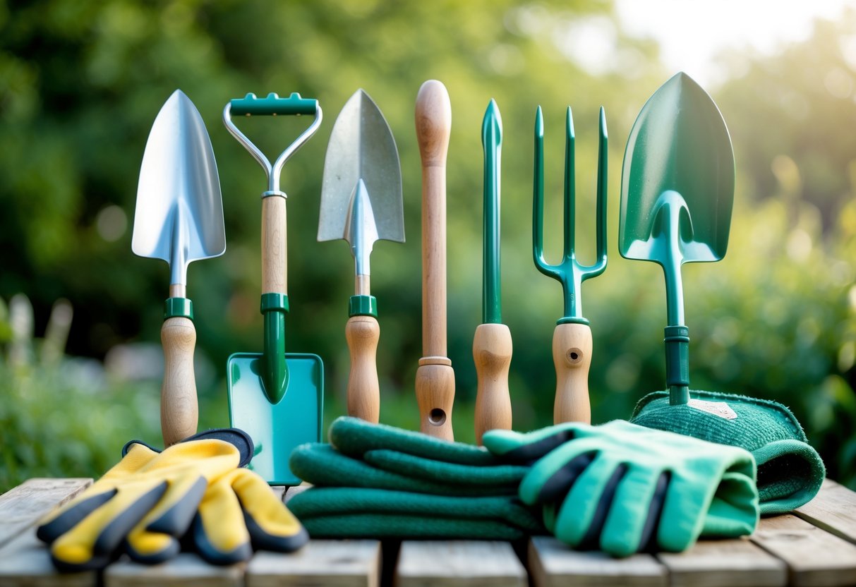 Six garden tools including a hand trowel, pruning shears, garden fork, garden hoe, watering can, and gloves arranged on a wooden surface with greenery in the background.
