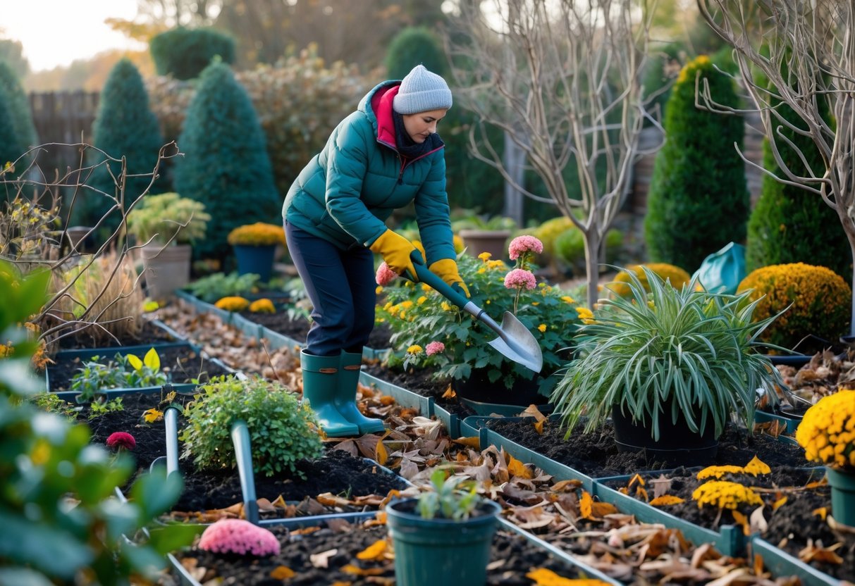 A gardener wearing warm clothes tending to plants in a tidy late autumn garden with fallen leaves and autumn flowers.