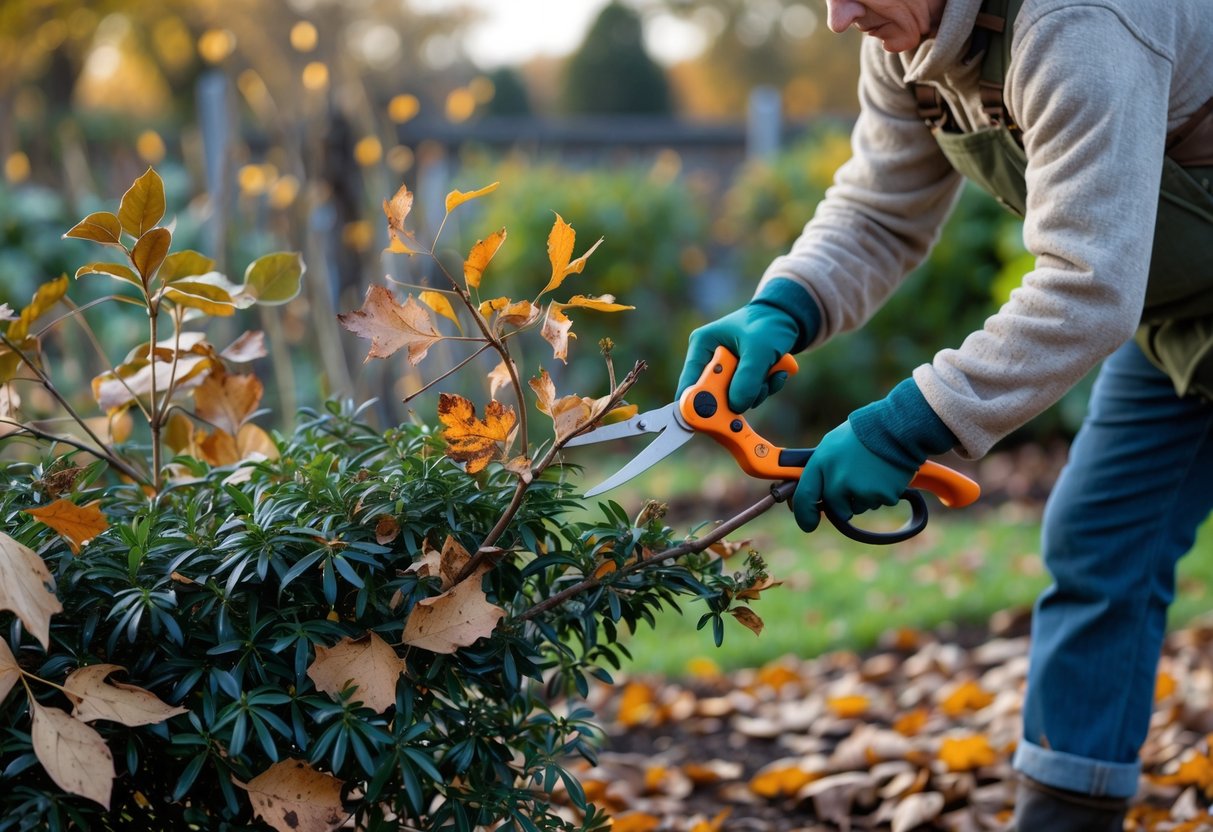 A gardener pruning a shrub with some damaged leaves outdoors in late autumn surrounded by fallen dry leaves.