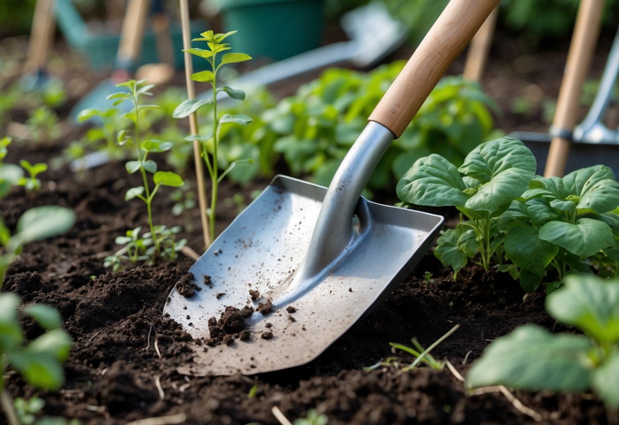 A garden hoe resting on freshly loosened soil among green plants in a garden.