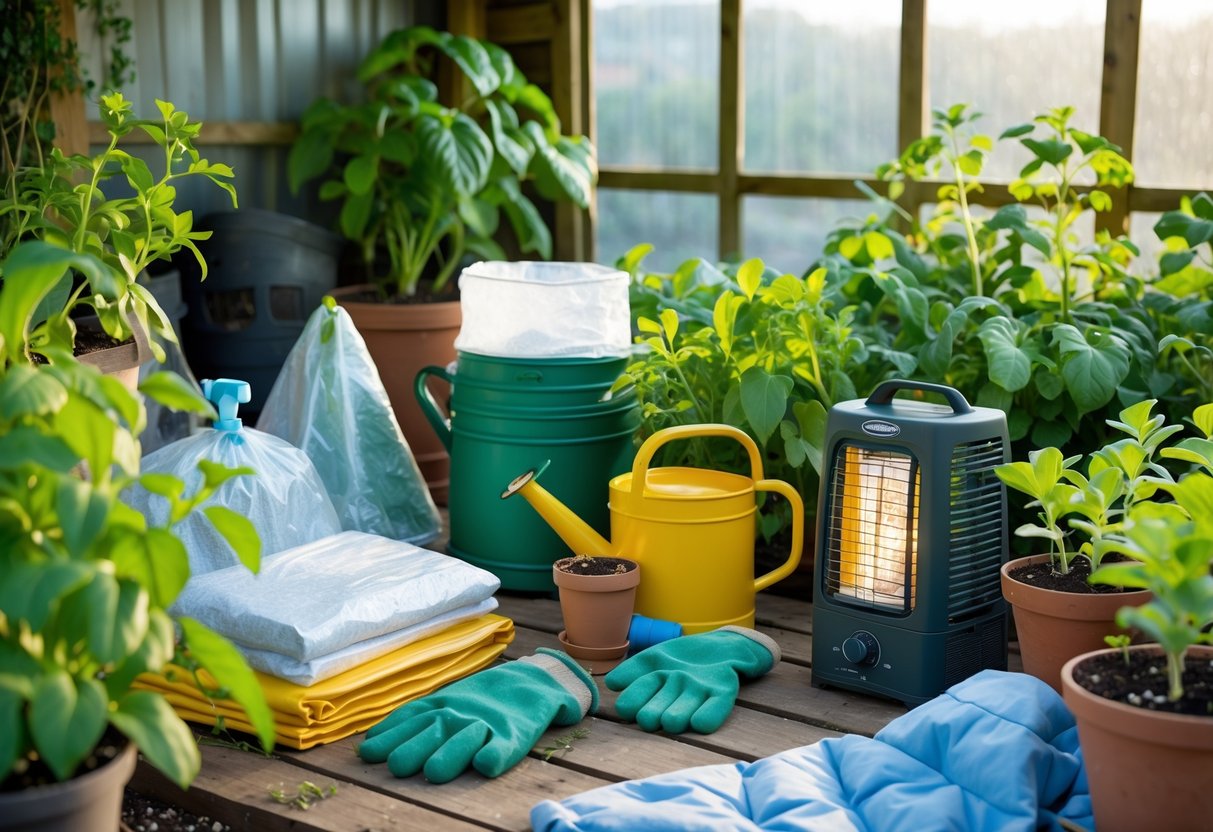 A garden shed with frost protection items such as plant covers, gloves, watering cans, and a small heater arranged near green plants and seedlings.