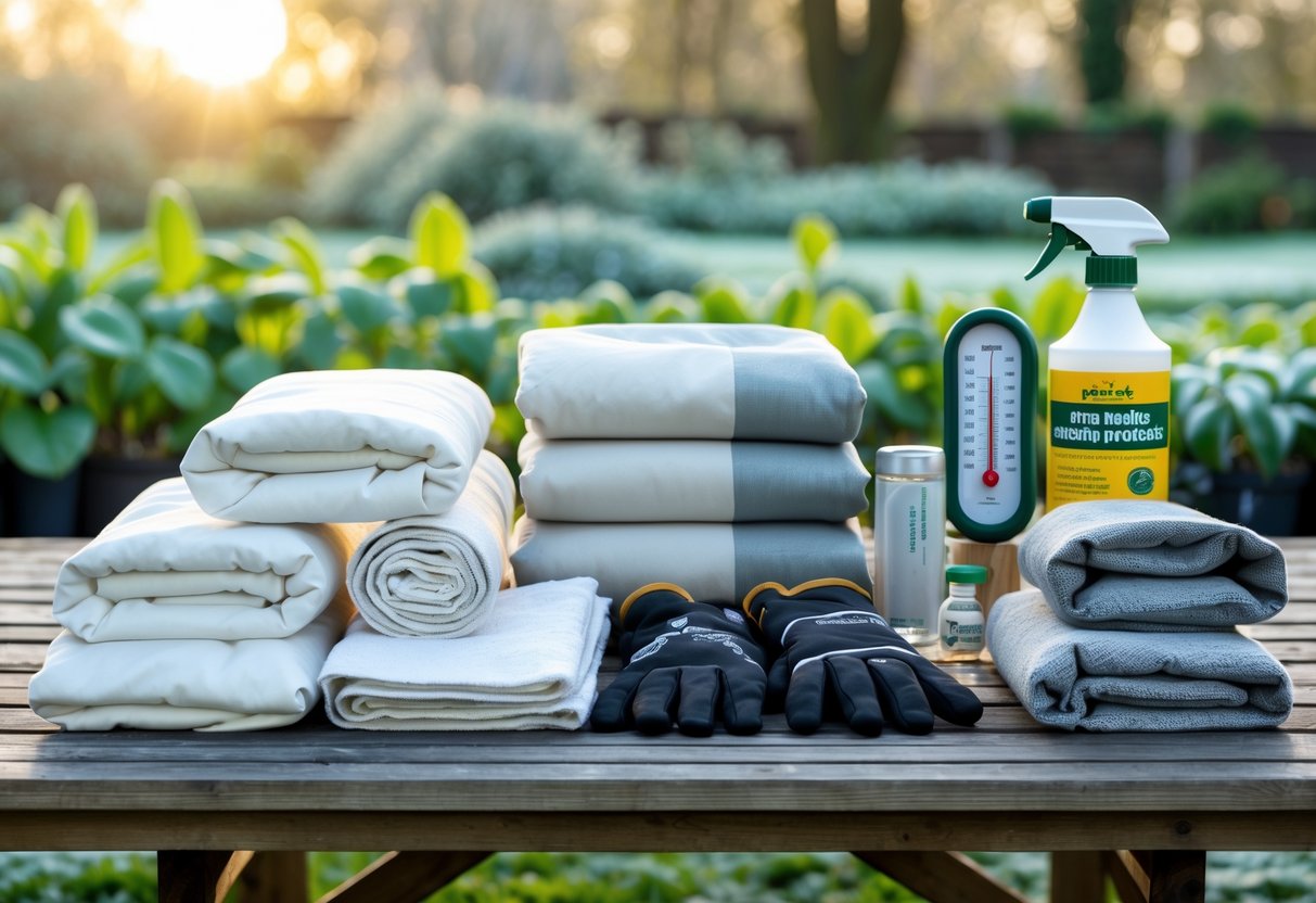 Five frost protection gardening items arranged on a wooden table outdoors with a frost-covered garden in the background.