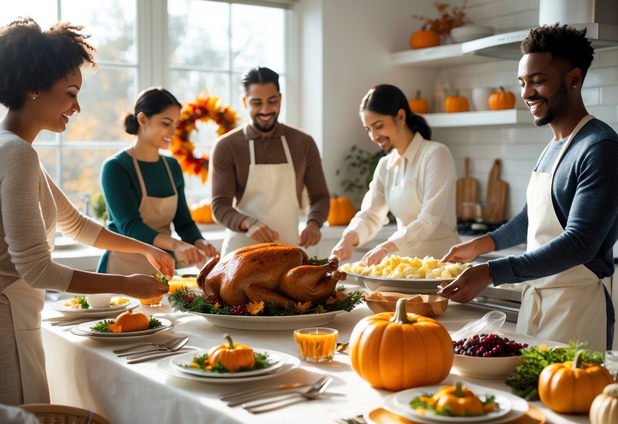 People working together in a kitchen preparing a Thanksgiving meal with a roasted turkey and autumn decorations on the table.
