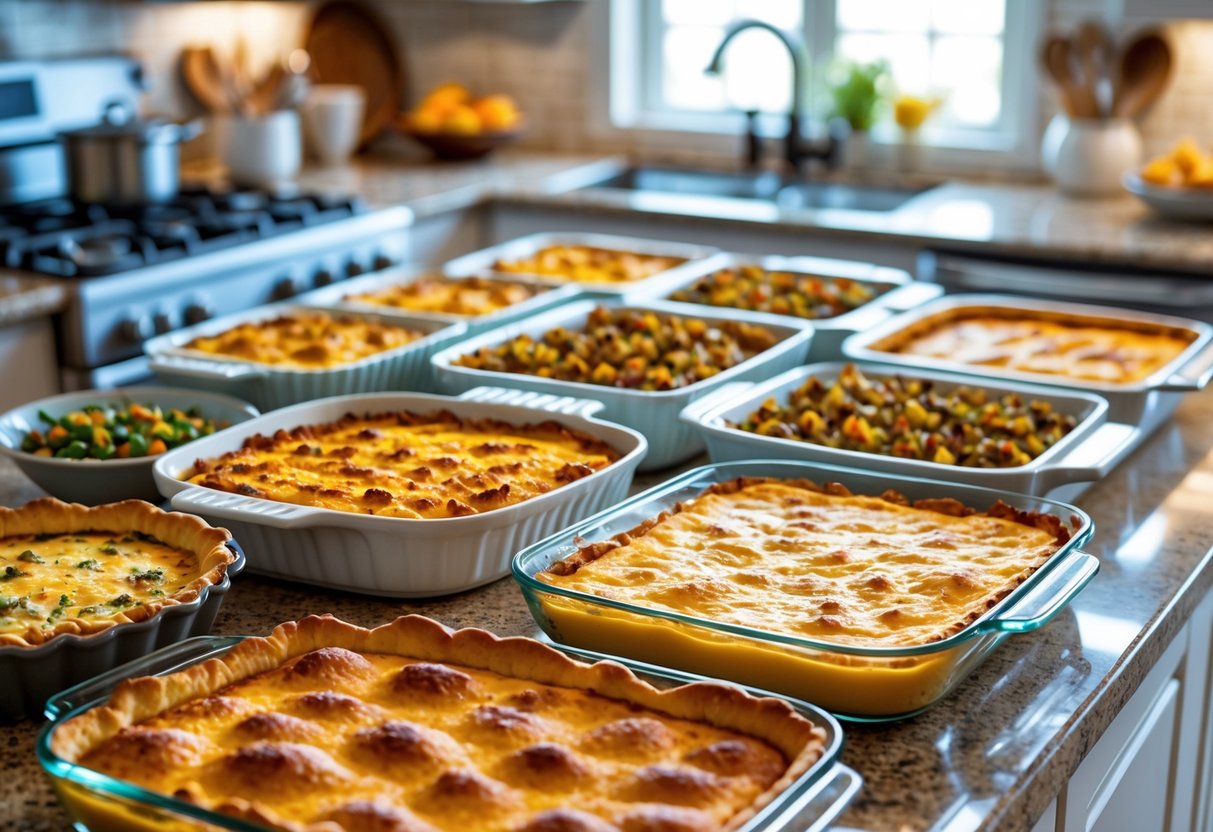 A kitchen countertop with several freshly baked casseroles and pies ready for Thanksgiving.