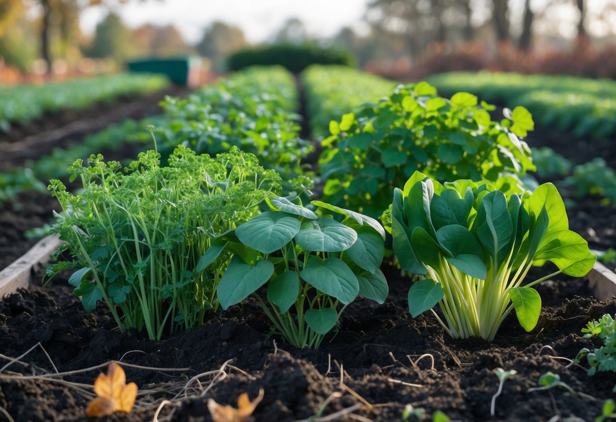 Six different cover crops growing in neat garden beds outdoors during late autumn, with green plants and dark soil visible.