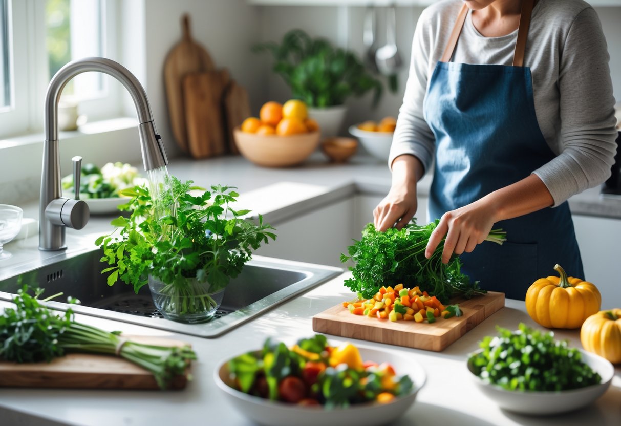 A kitchen with fresh vegetables, herbs, and cooking utensils arranged neatly, with a person washing herbs and another chopping vegetables.
