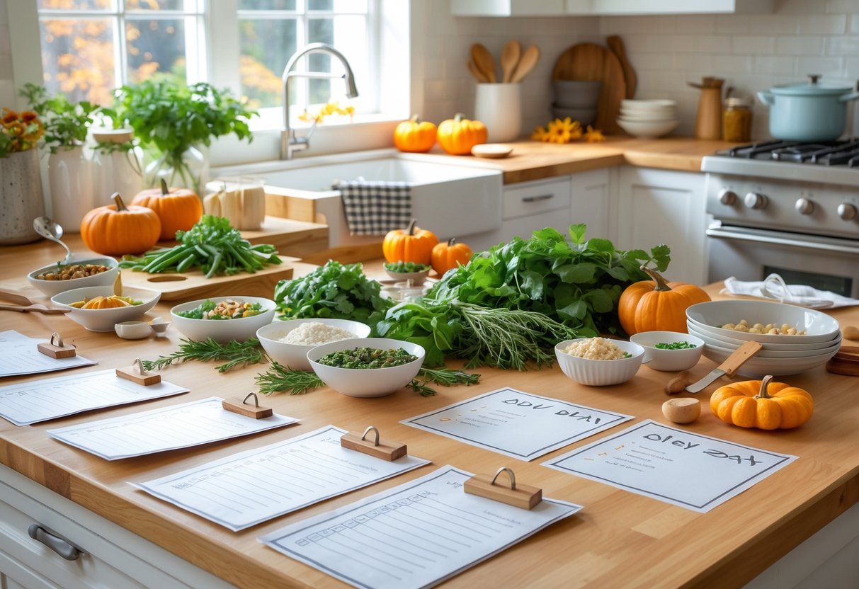 A kitchen countertop with ingredients, cooking tools, and a planner arranged to show a multi-day Thanksgiving cooking preparation timeline.