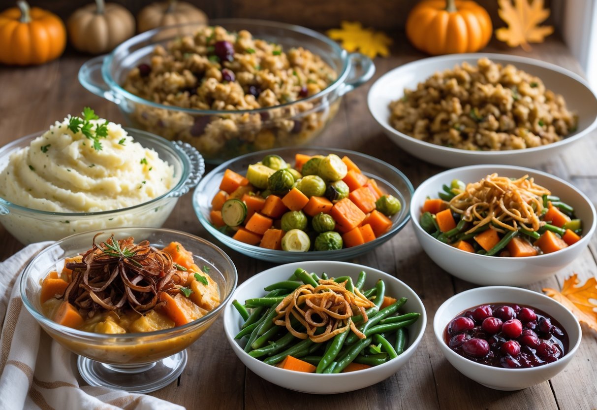 Five different Thanksgiving side dishes arranged on a wooden table, including mashed potatoes, stuffing, roasted vegetables, green bean casserole, and cranberry sauce, with autumn decorations in the background.
