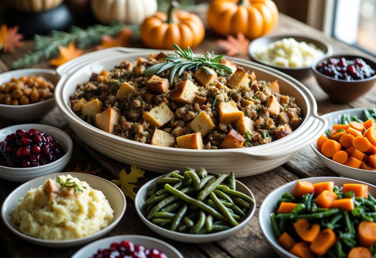 A table with a dish of sausage and herb stuffing surrounded by five side dishes including mashed potatoes, green beans, cranberry sauce, roasted carrots, and salad.