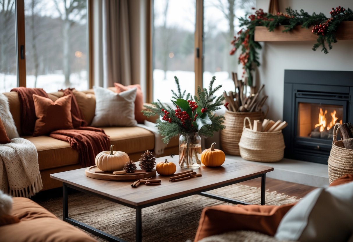 A cozy living room with autumn and winter decorations, a lit fireplace, and a snowy scene visible through large windows.