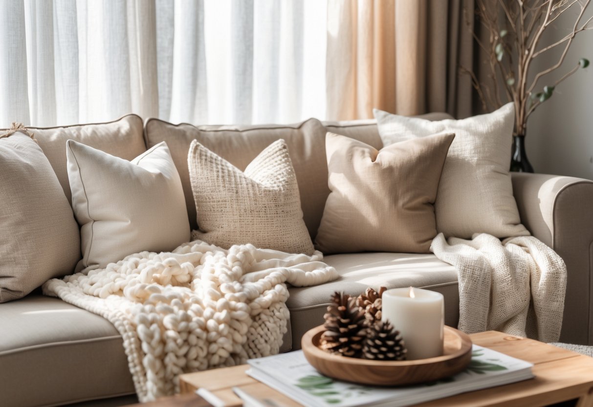 A cozy living room with cream and taupe decor, featuring soft blankets, cushions, natural elements, and warm natural light.
