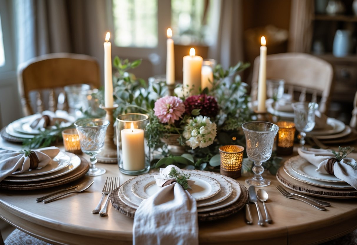 A dining table set with plates, glasses, candles, flowers, and greenery arranged warmly and elegantly indoors.