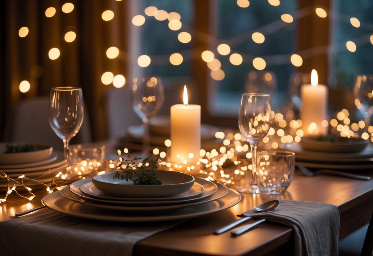 A dining table set with plates, glasses, cloth napkins, candles, and string lights creating a warm and inviting atmosphere.