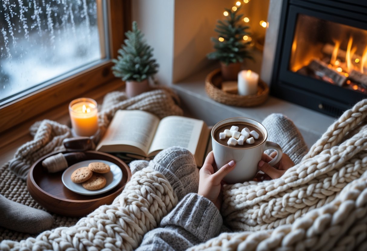 A person wrapped in a blanket sitting by a fireplace with a mug, book, and snowy window in the background.