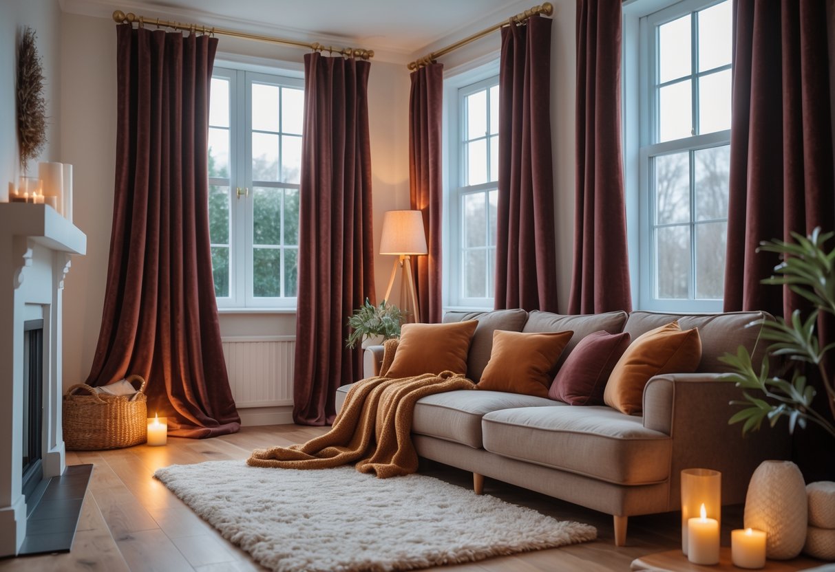 A cozy living room with thick, plush drapes drawn over windows, warm-toned furniture, and soft lighting creating a comfortable winter atmosphere.