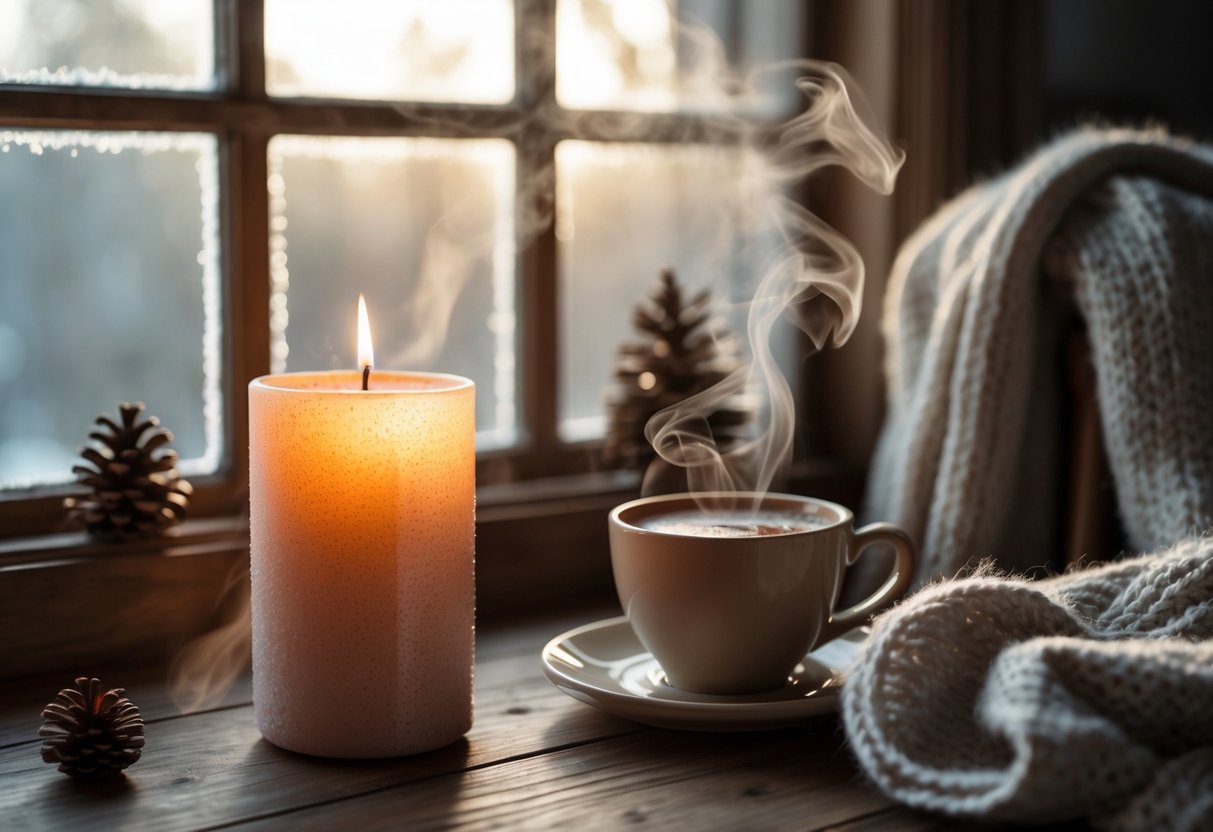 A lit cinnamon-scented candle on a wooden table next to a steaming cup and a frosted window, with cozy winter decorations around.