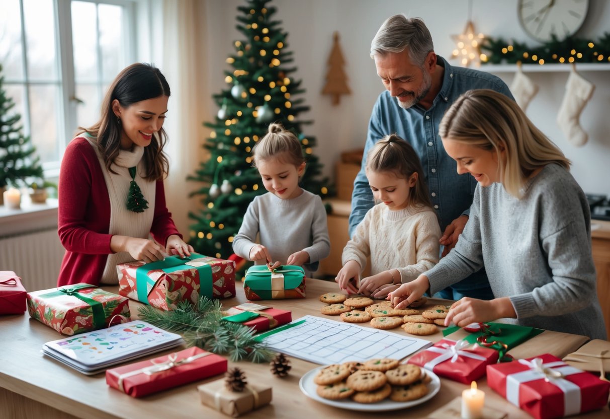 A family preparing Christmas gifts and decorations together in a cozy, well-lit kitchen.