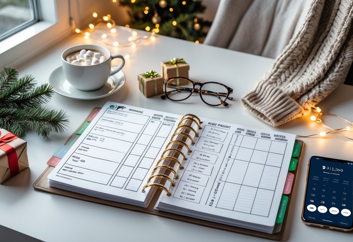 A tidy desk with a planner showing gift lists and budgets, surrounded by Christmas decorations, a cup of hot cocoa, and a smartphone with a calendar.