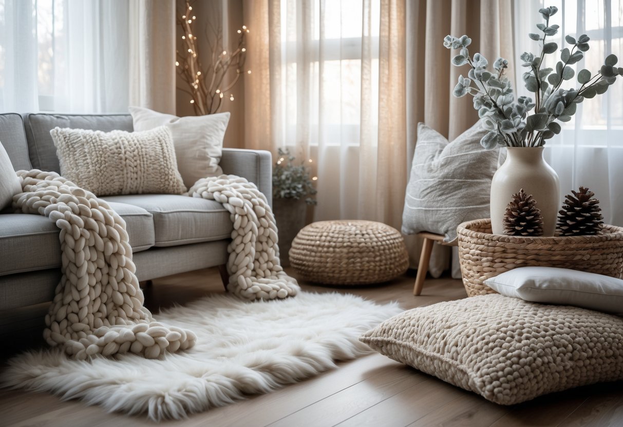 Living room with a sofa, armchair, textured pillows, wool throw, faux fur rug, pinecones in a basket, and a vase with eucalyptus branches on a coffee table.