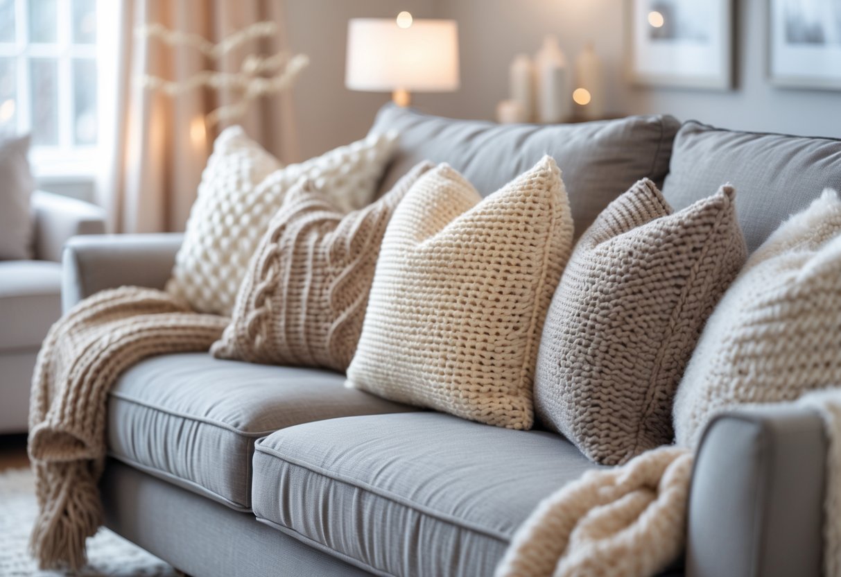 A sofa with several plush knit pillows in neutral colors arranged on it in a cozy living room setting.