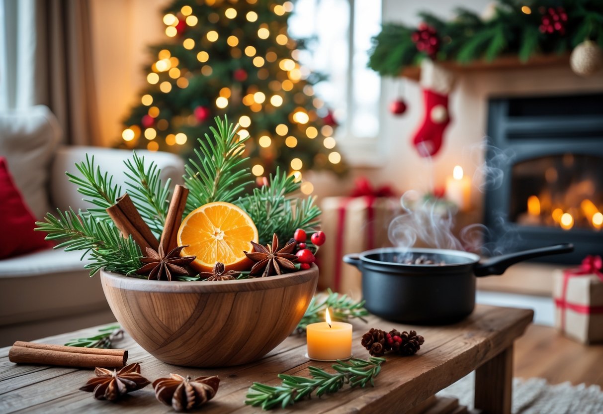 A cozy living room decorated for Christmas with pine branches, cinnamon sticks, dried orange slices, a simmering pot of spices, and a wreath, creating a festive holiday atmosphere without candles.
