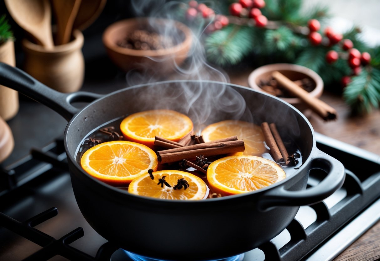 A pot simmering on a stove with orange slices, cinnamon sticks, and cloves inside, surrounded by kitchen items and holiday decorations.