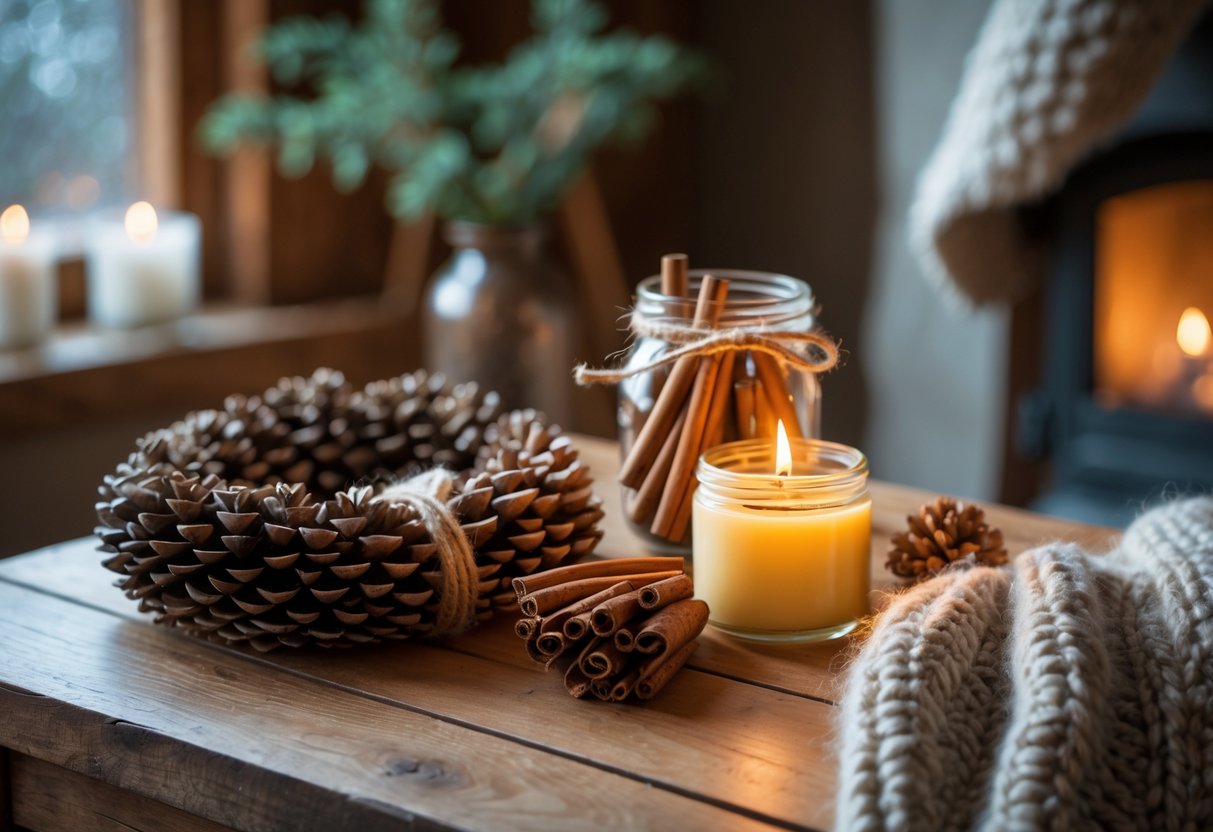 A cozy indoor scene with natural winter decorations including a pinecone wreath, cinnamon sticks, dried orange slices, a lit candle, and a wool blanket on a wooden chair.