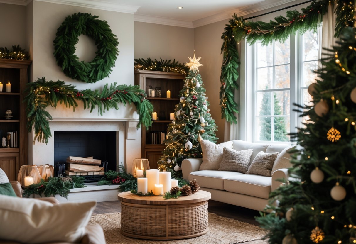 Living room decorated with fresh pine garlands and wreaths on the fireplace, bookshelf, window, and Christmas tree, creating a festive holiday atmosphere.