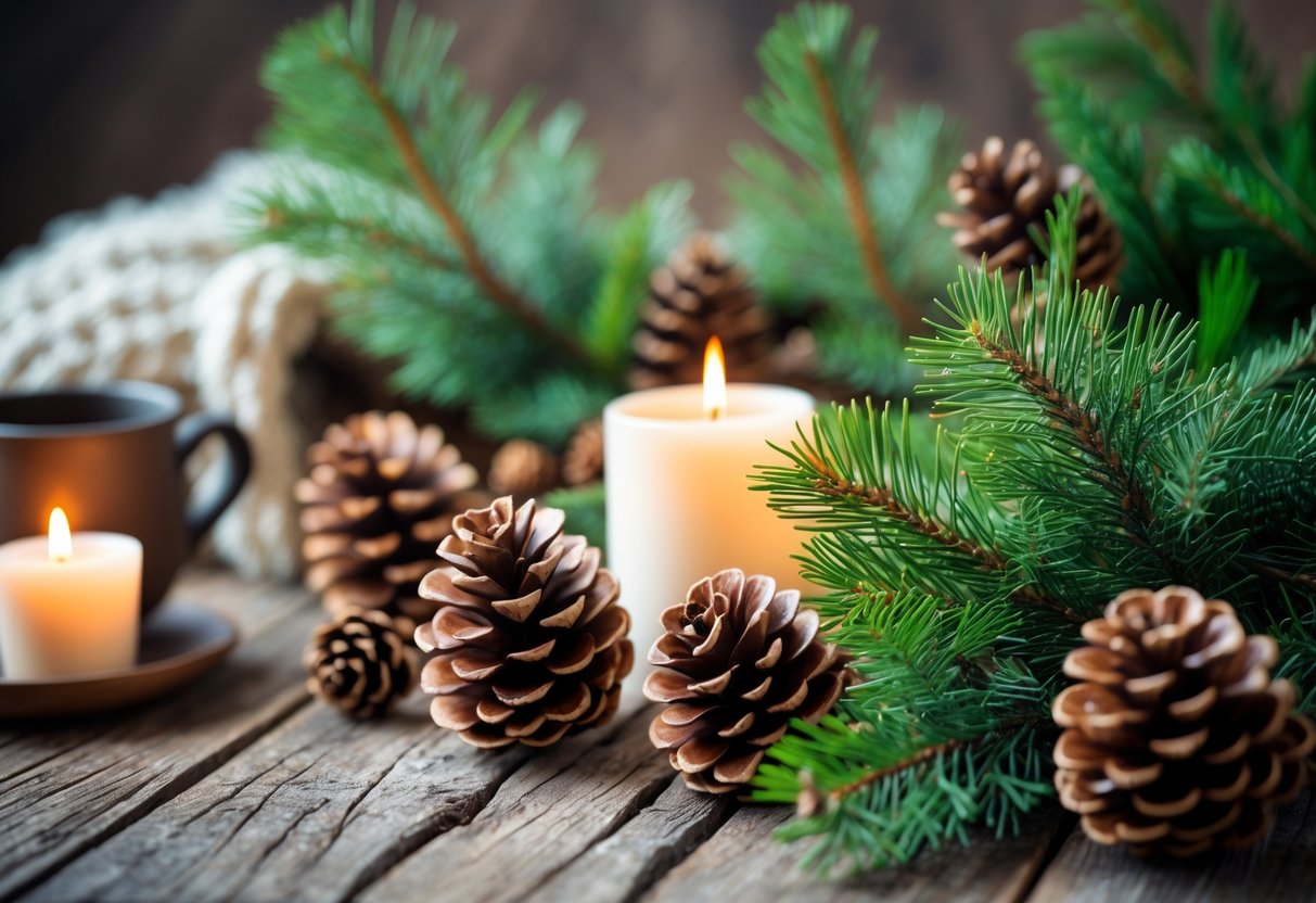 Pine cones and evergreen branches arranged on a wooden surface with a cup of hot drink, candles, and a knitted blanket.