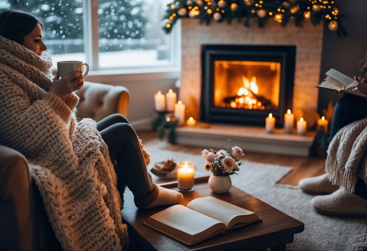 A cozy living room with a fireplace, a person wrapped in a blanket drinking a hot beverage, an open book, candles, and snow falling outside the window.