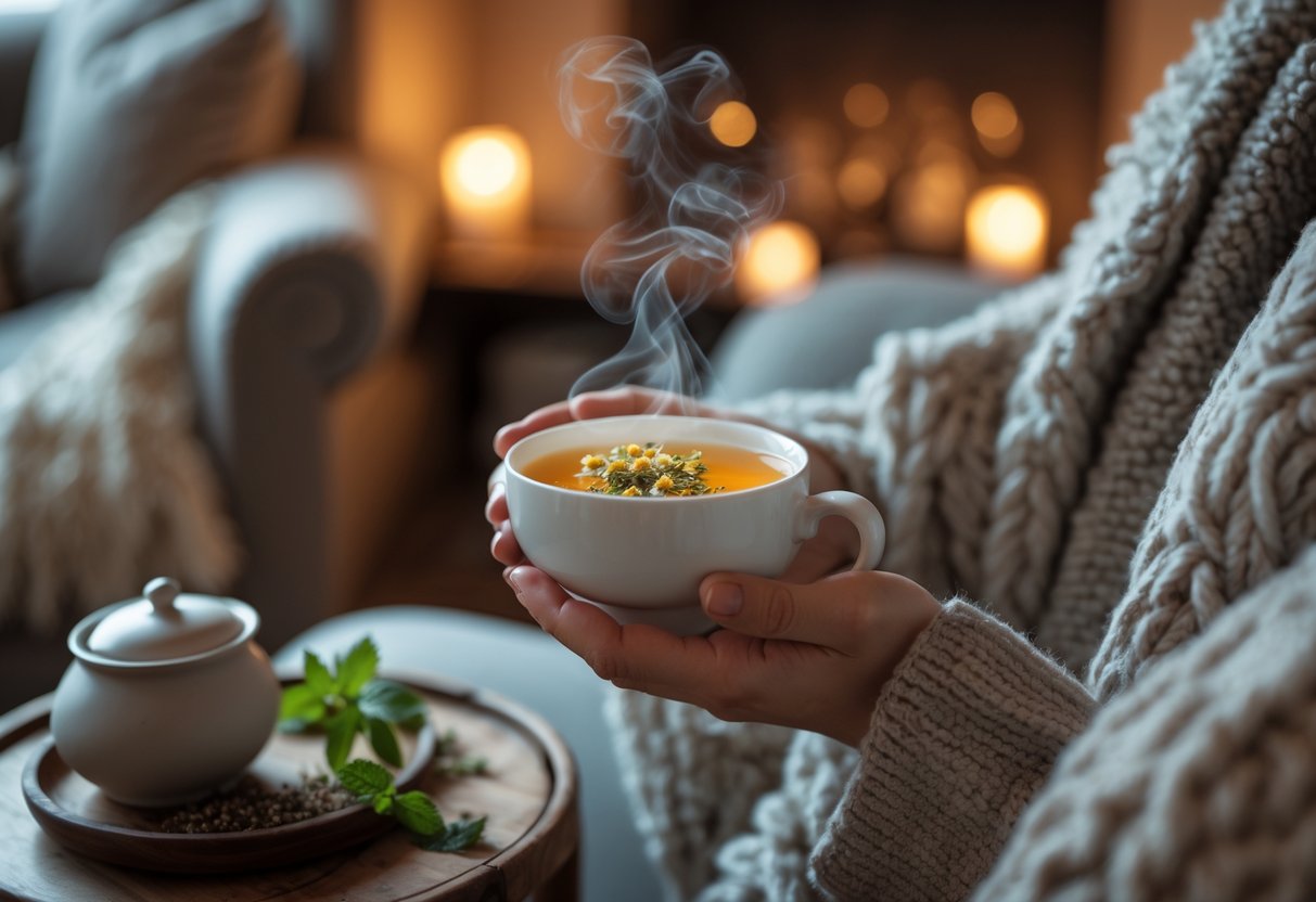 Person holding a steaming cup of herbal tea in a cozy, softly lit room with a blanket and candles nearby.