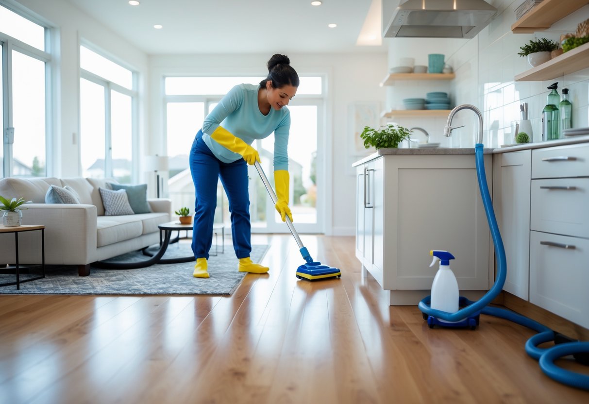 Person cleaning a bright, tidy kitchen countertop with cleaning supplies and a vacuum cleaner nearby in a modern home.