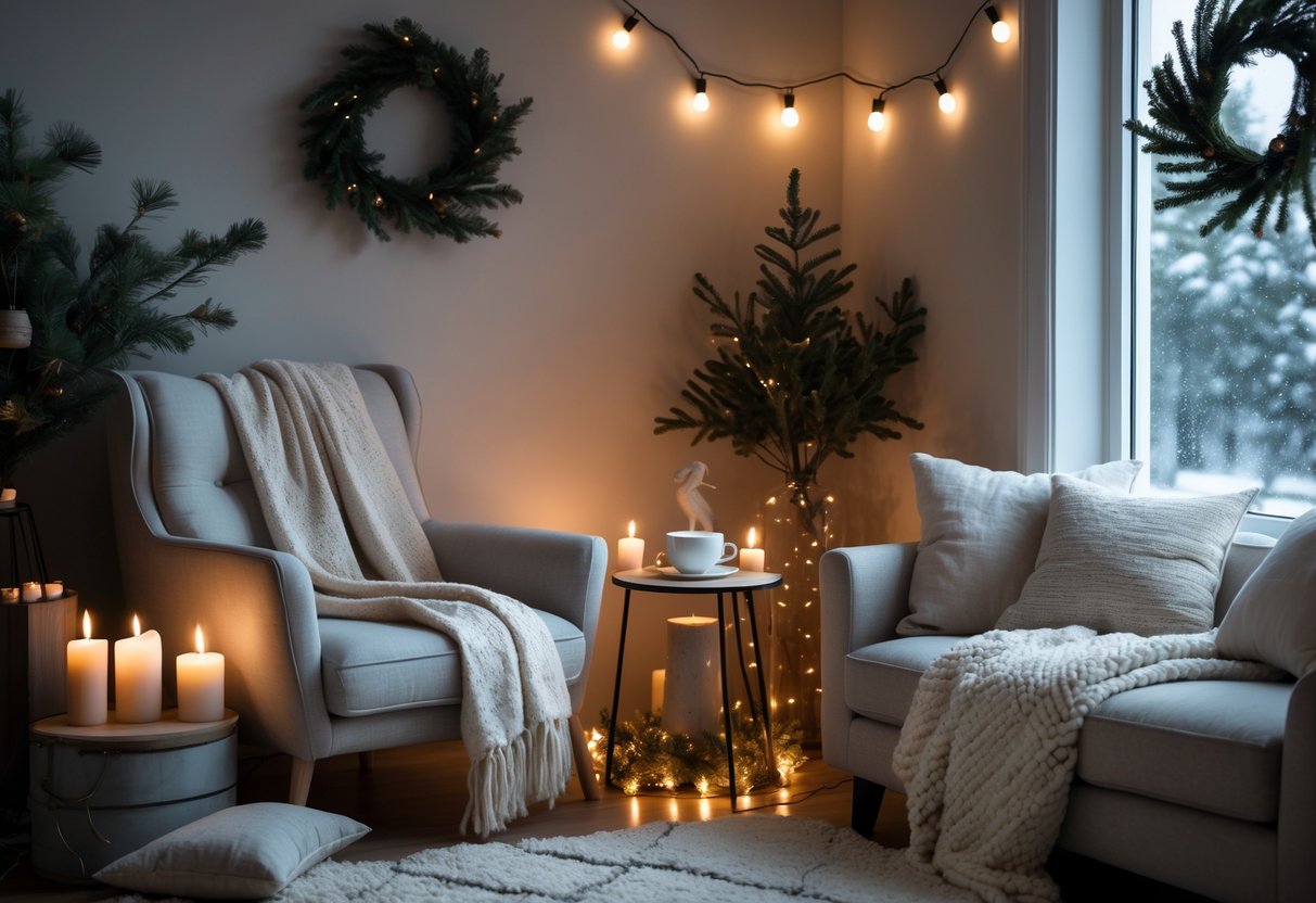 A cozy living room with holiday decorations, soft lighting, a comfortable chair with a blanket, a cup of tea on a table, and a snowy window view.