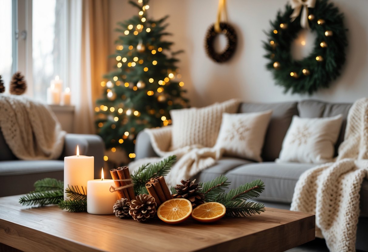 A cozy living room with cinnamon sticks, pine branches, candles, blankets, and holiday decorations creating a calm atmosphere.