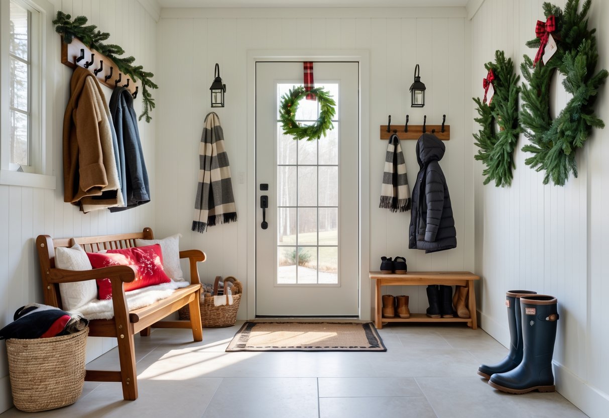 A tidy and decorated entryway with a bench, coat rack, shoe rack, holiday wreath, and natural light.