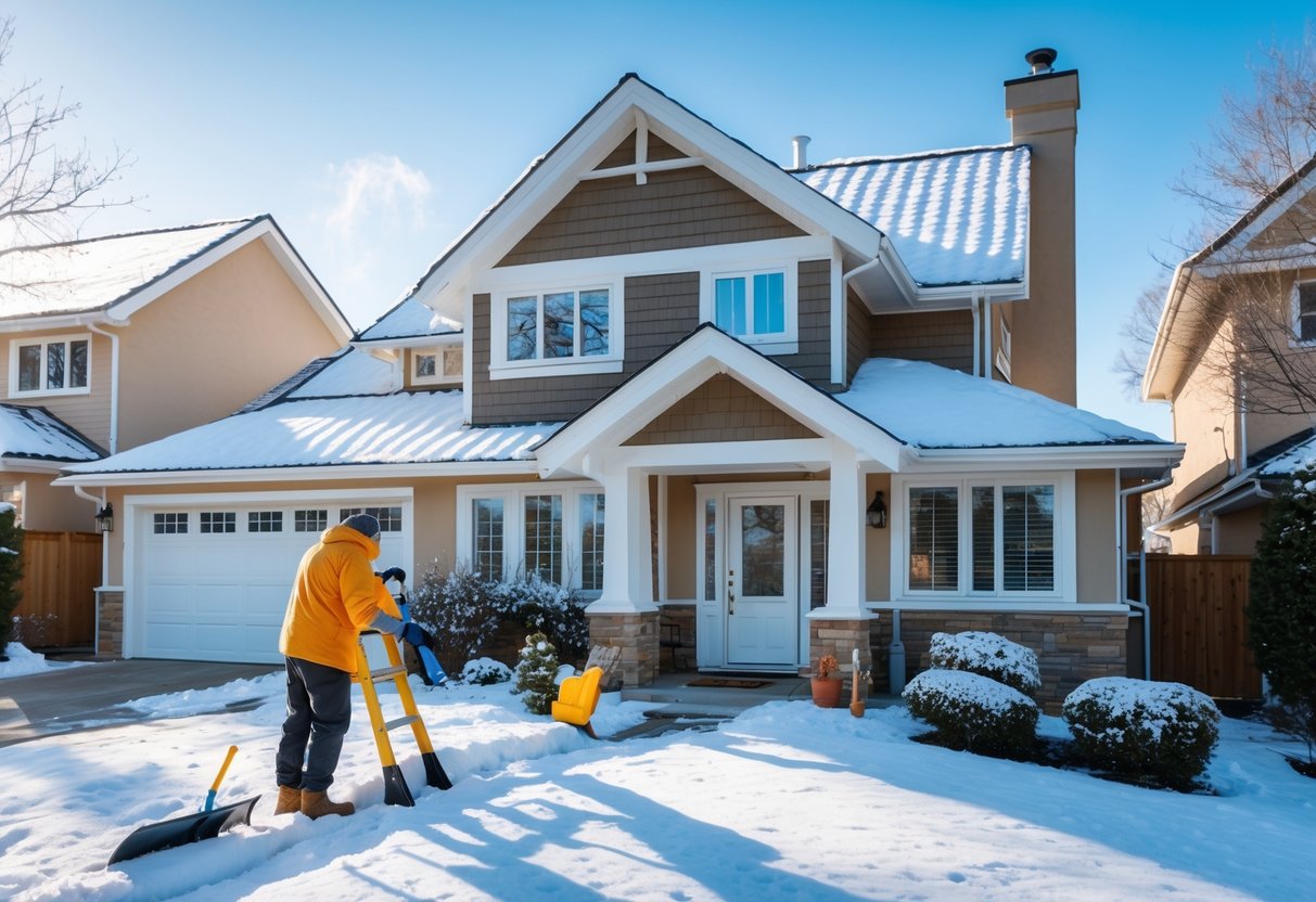 A person dressed for winter performs various home maintenance tasks outside a snow-covered house, including sealing windows, clearing gutters, and checking pipes.
