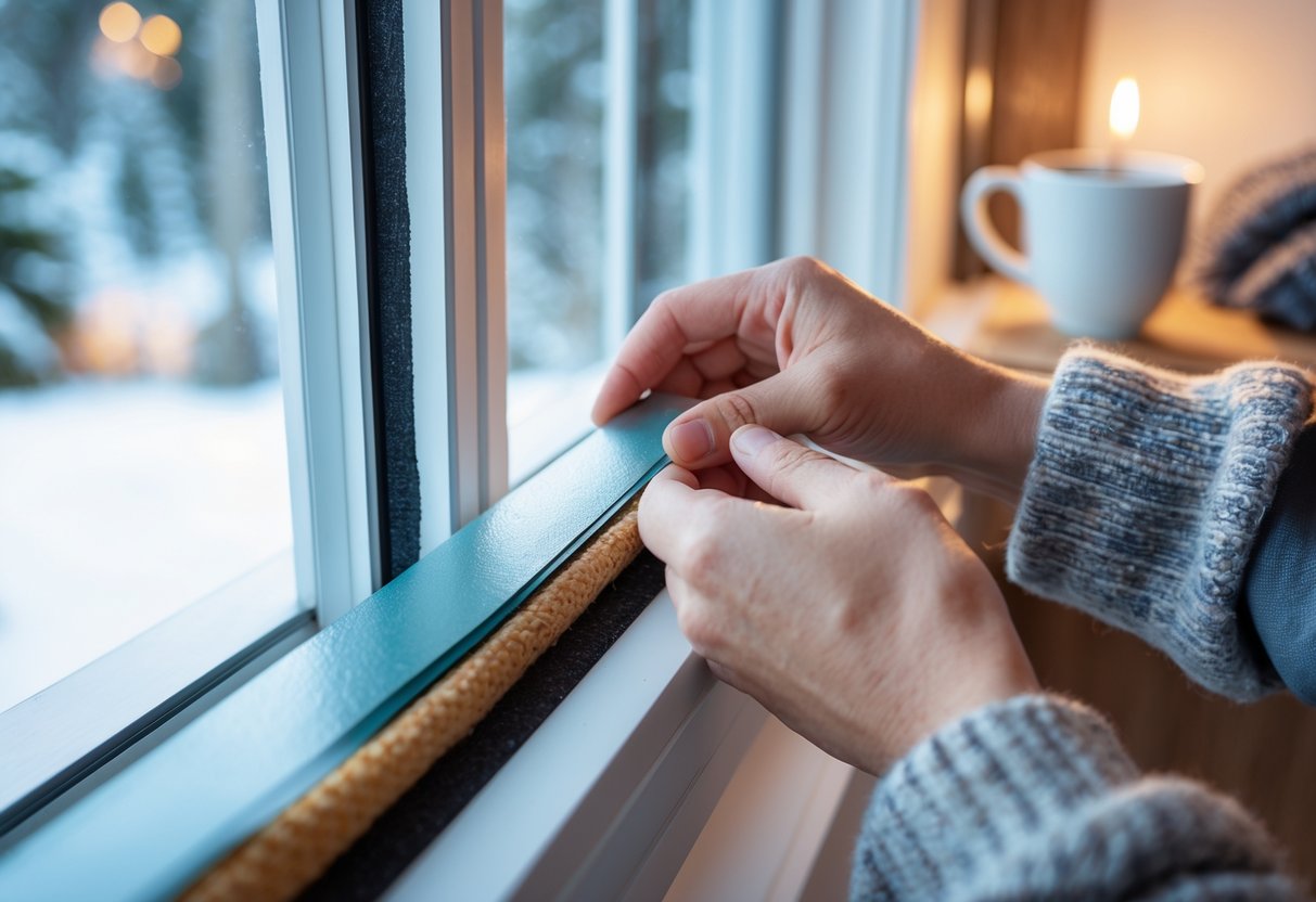 Hands applying weatherstripping tape to a window frame inside a home.