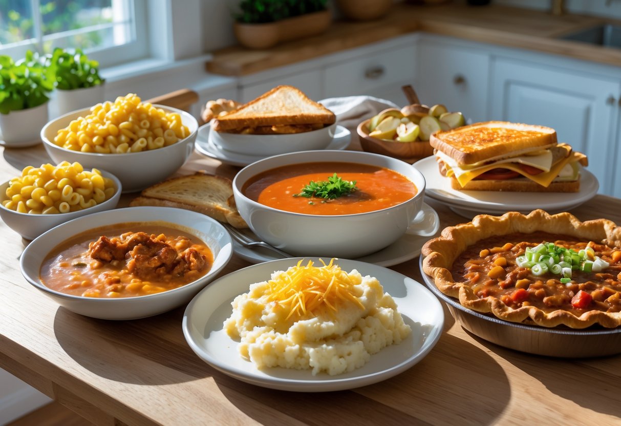 A wooden table set with six classic comfort foods including macaroni and cheese, roasted chicken, tomato soup with grilled cheese, mashed potatoes with gravy, apple pie, and chili, in a bright kitchen.