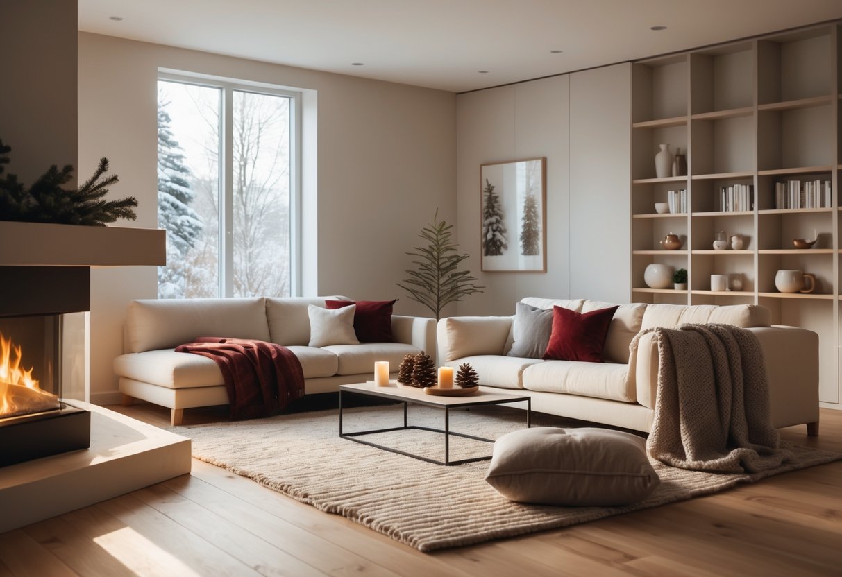 A cozy and tidy living room with a fireplace, sofa with blankets and cushions, a coffee table with winter decorations, and a large window letting in natural light.