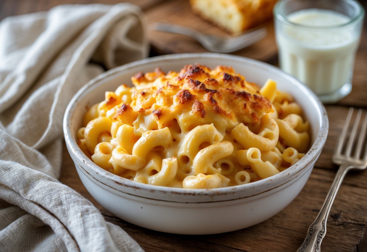 A bowl of creamy macaroni and cheese on a wooden table with a fork and napkin nearby.