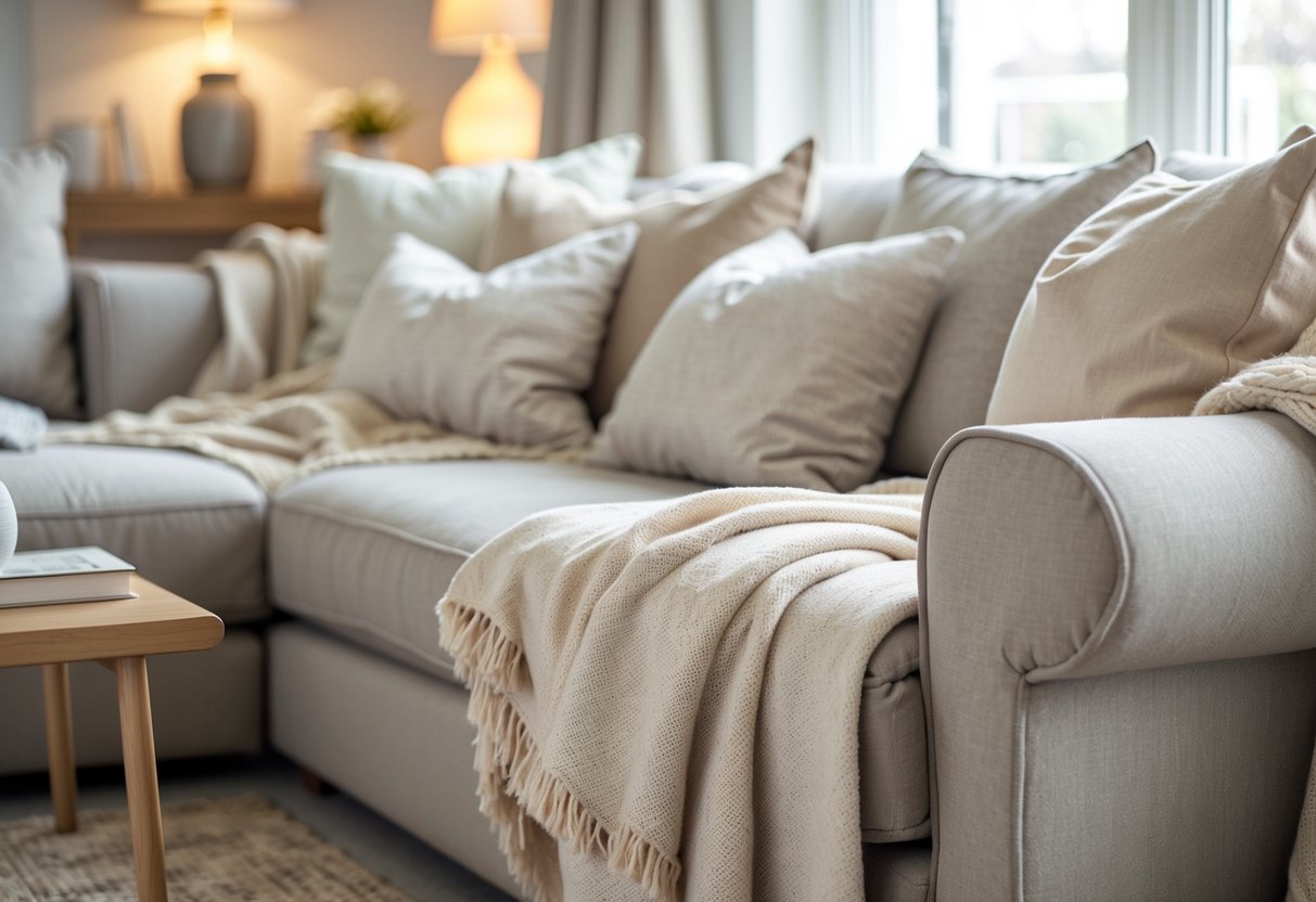 Living room with sofas covered in soft neutral-colored throws and warm natural light.