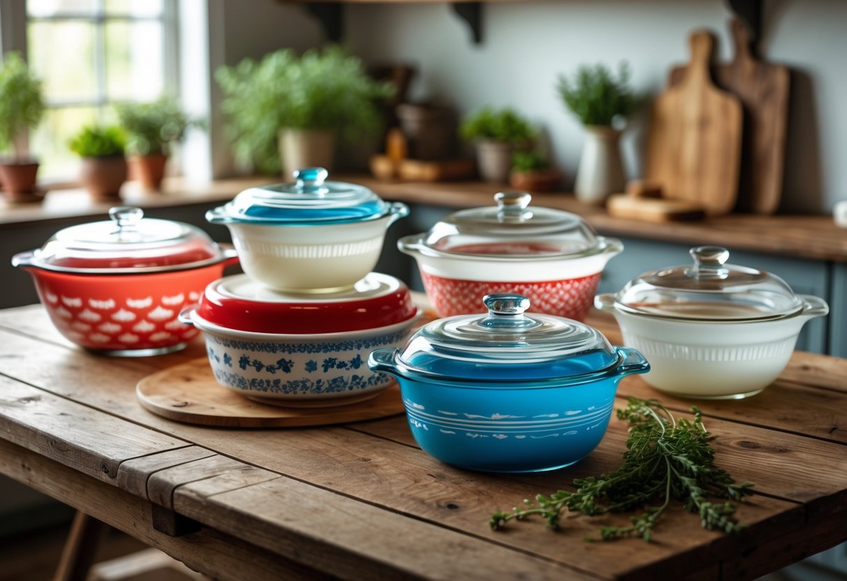 A collection of five vintage Pyrex dishes arranged on a wooden kitchen table with natural light and kitchen elements around them.