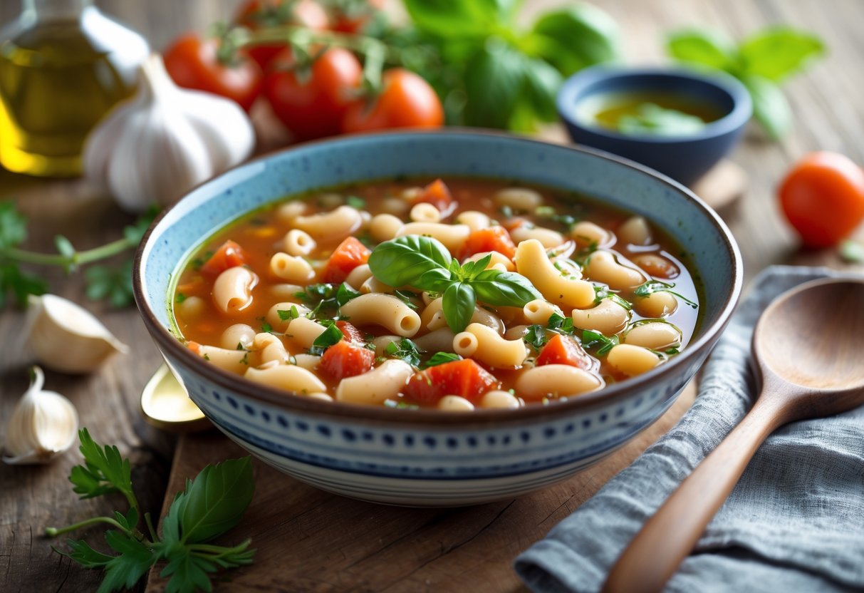 A bowl of pasta e fagioli soup on a wooden table surrounded by fresh ingredients and a wooden spoon.